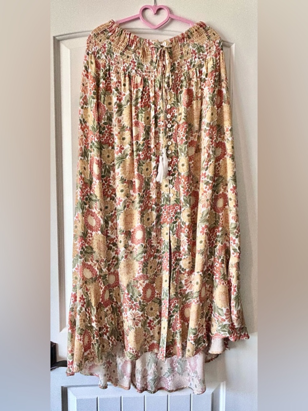 Floral Button-Front Maxi Skirt in Cream and Rust-Tone